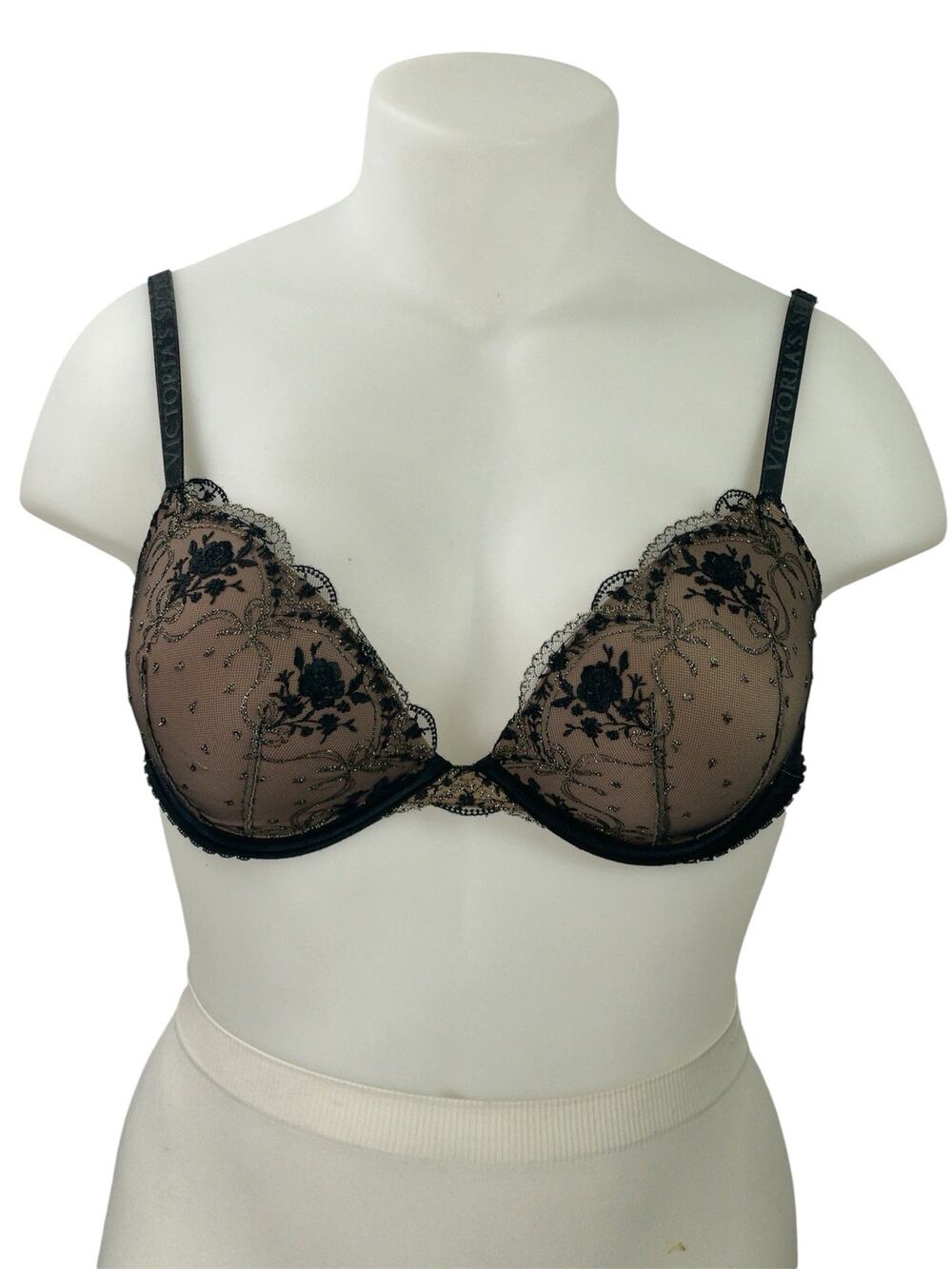 Victoria's Secret Very Sexy Black Nude Mesh Embroidered Scalloped Push-up Bra XL